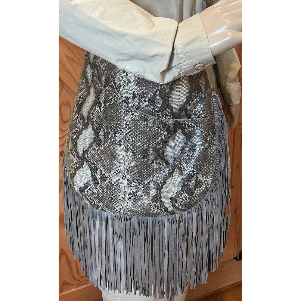 Camila Alves MUXO Python Embossed Suede Fringe Hobo Shoulder Bag Brown Taupe